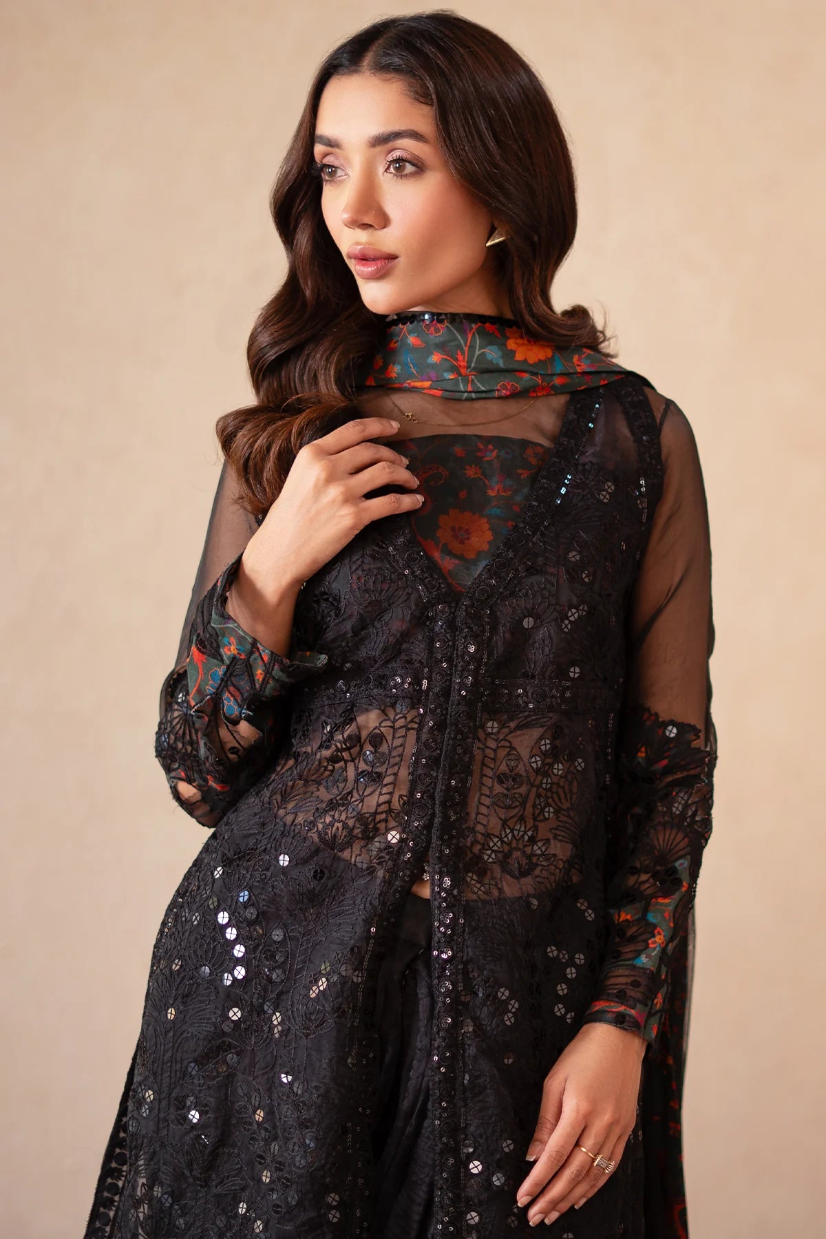 3-PC Embroidered Organza Shirt with Raw-Silk Sharara and Organza Dupatta CMA-4-03