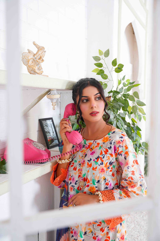 3pc stitch suit with pure chiffon dupata multi color