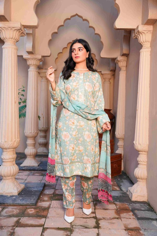 3pc printed stitch suit with chiffon dupata
